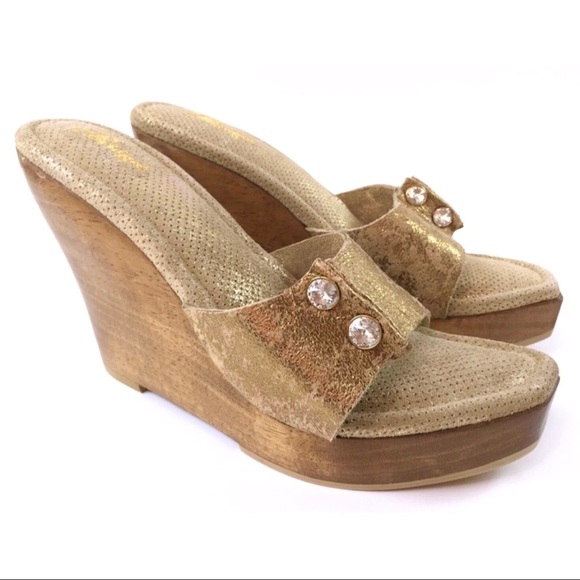 Bridget Gold Glitz Wood Platform Wedge Sandals - Picture 4 of 11